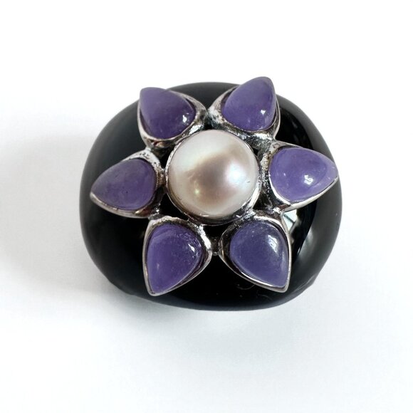 Sterling Silver 925 Onyx Statement Ring w/ Floral Pearl & Amethyst Cabochons  7 - Picture 3 of 13